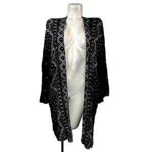 Ecote Black Off-White Geometric Pattern Kimono Duster Open Front One Size